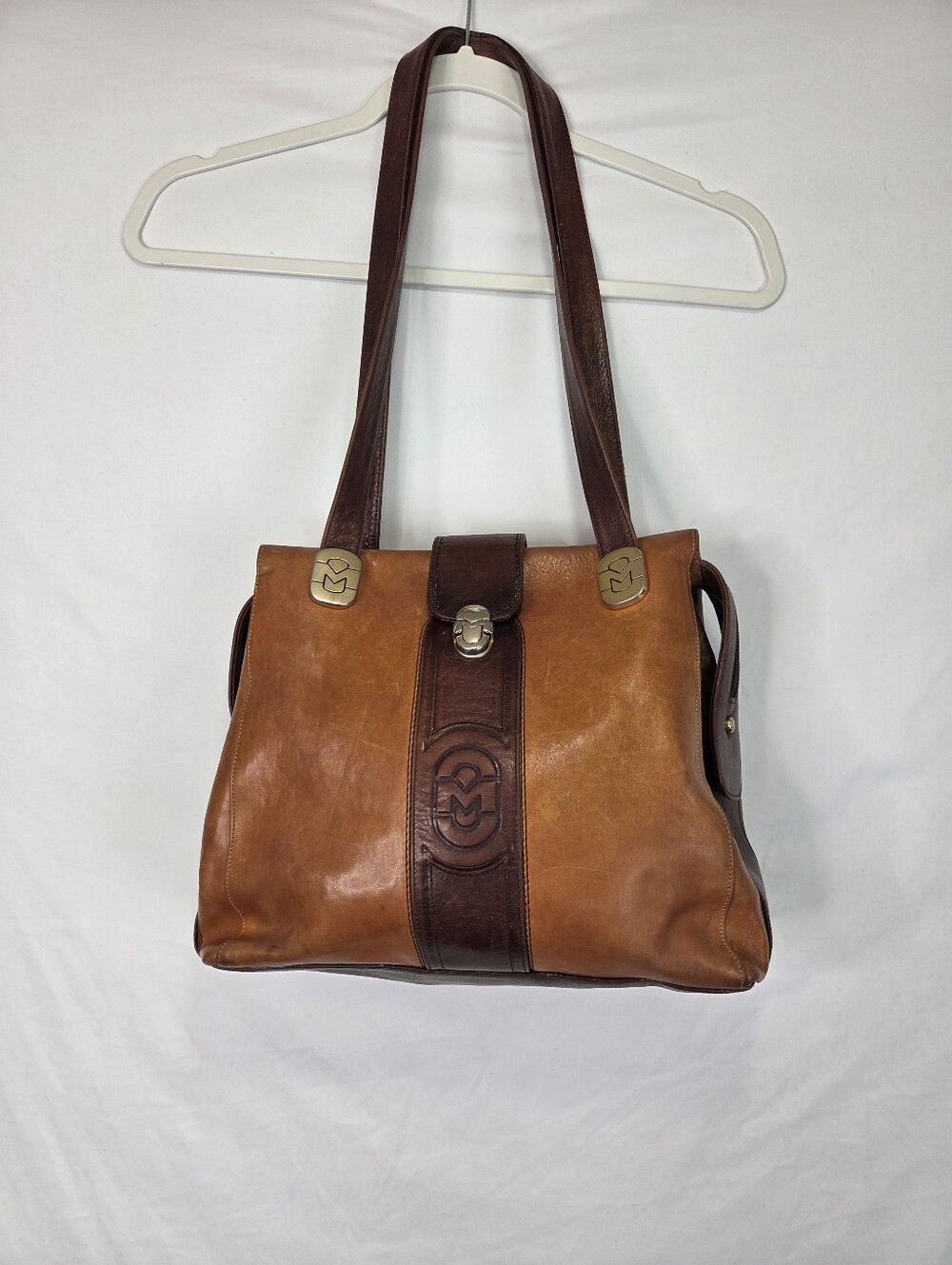Marino Orlandi VTG Italian Leather Shoulder Bag Brown Colorblock Tote Purse